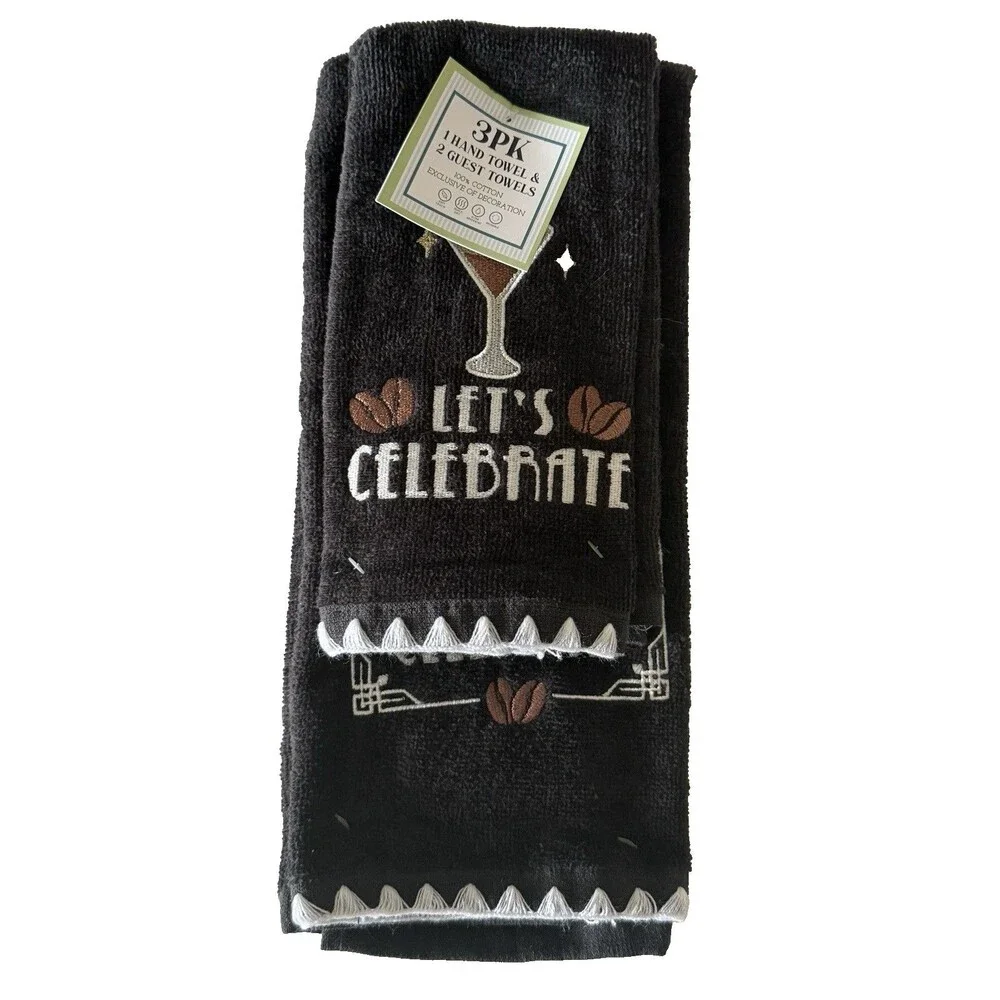 Let's Celebrate Fingertip Towels Hand Towel Set of 3 Black Martini Embroidered